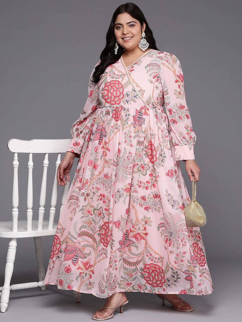 Pink printed georgette ethnic dresses