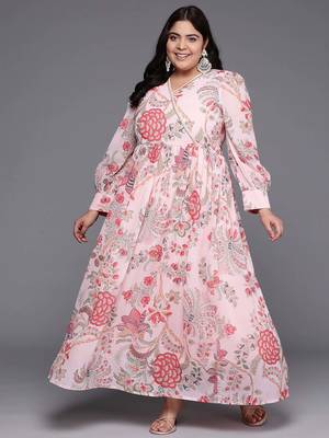 Pink printed georgette ethnic dresses 2
