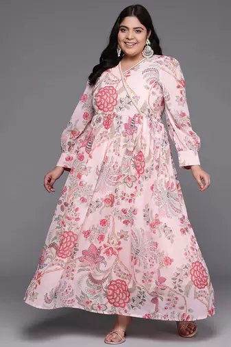 Pink printed georgette ethnic dresses