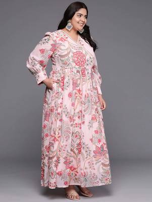 Pink printed georgette ethnic dresses 3