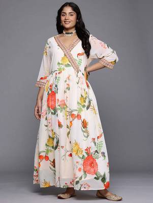 Off white printed georgette ethnic dresses 1