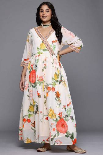 Off white printed georgette ethnic dresses
