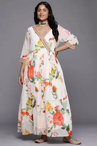 Off white printed georgette ethnic dresses