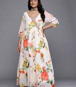 Off white printed georgette ethnic dresses