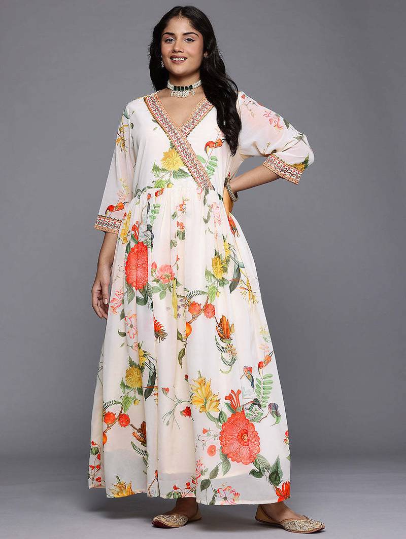 Off white printed georgette ethnic dresses