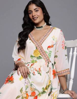 Off white printed georgette ethnic dresses 2