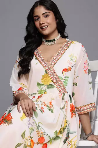 Off white printed georgette ethnic dresses