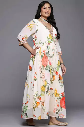 Off white printed georgette ethnic dresses