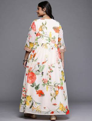 Off white printed georgette ethnic dresses 5
