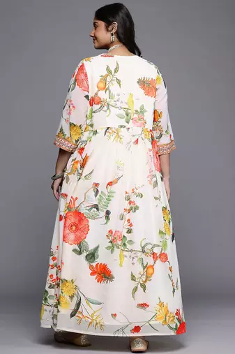 Off white printed georgette ethnic dresses