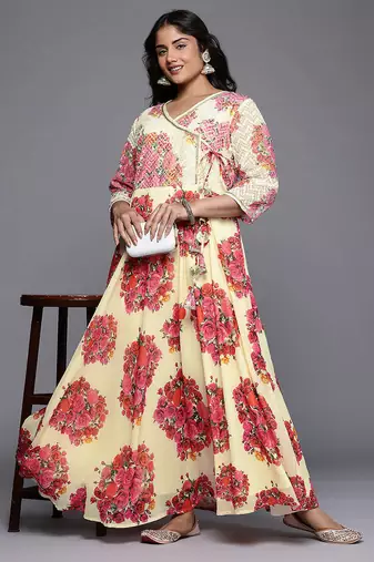 Off-white printed georgette ethnic dresses