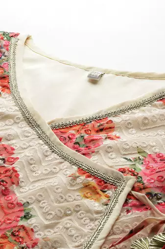 Off-white printed georgette ethnic dresses