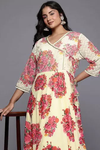 Off-white printed georgette ethnic dresses
