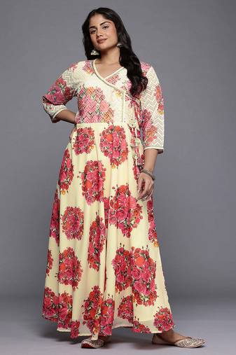 Off-white printed georgette ethnic dresses