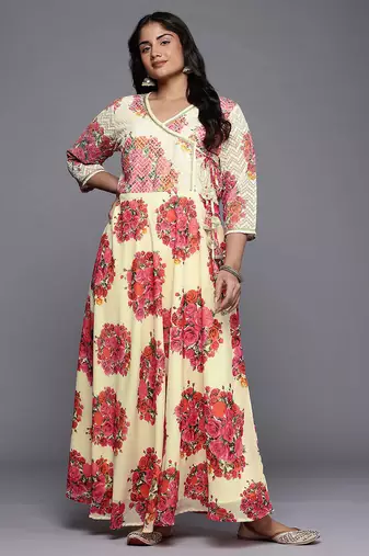 Off-white printed georgette ethnic dresses