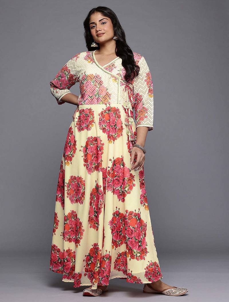 Off-white printed georgette ethnic dresses
