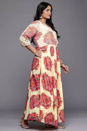 Off-white printed georgette ethnic dresses