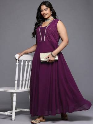 Purple embroidered georgette ethnic dresses 2