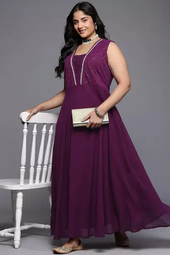 Purple embroidered georgette ethnic dresses