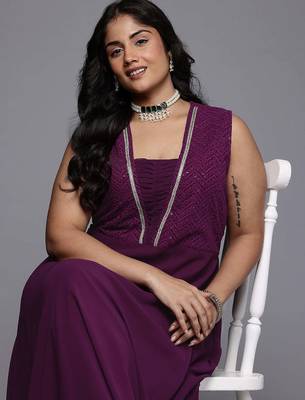 Purple embroidered georgette ethnic dresses 4