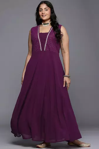 Purple embroidered georgette ethnic dresses