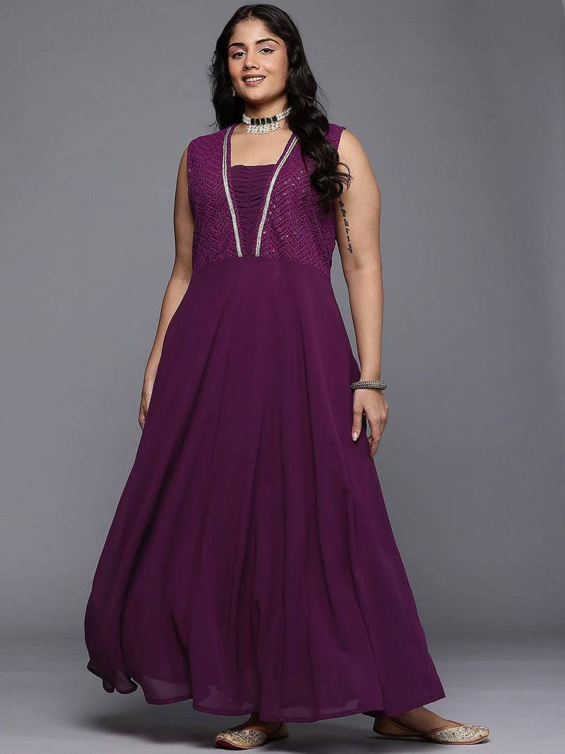 Purple embroidered georgette ethnic dresses