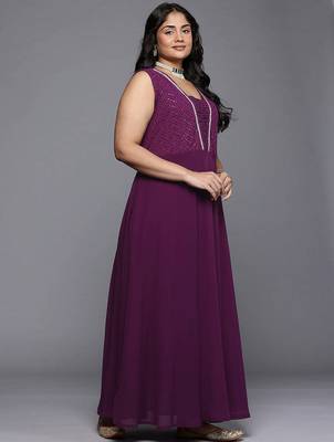 Purple embroidered georgette ethnic dresses 5