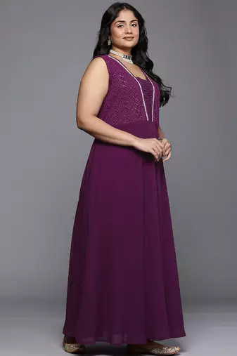 Purple embroidered georgette ethnic dresses