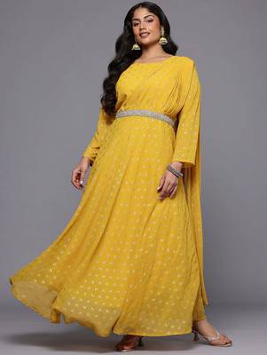 Mustard printed georgette ethnic dresses 1