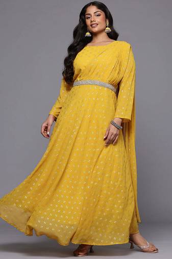 Mustard printed georgette ethnic dresses