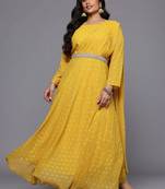 Mustard printed georgette ethnic dresses