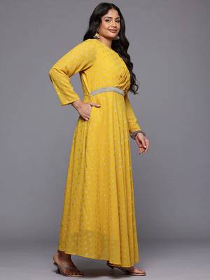 Mustard printed georgette ethnic dresses 3