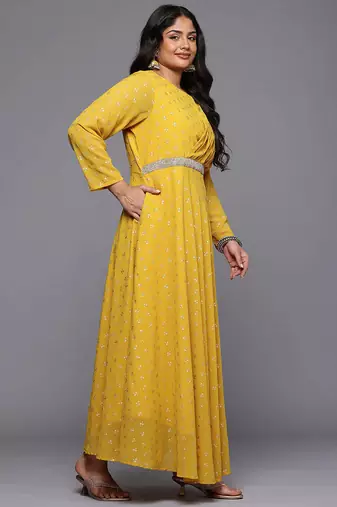 Mustard printed georgette ethnic dresses
