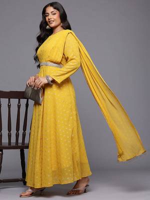 Mustard printed georgette ethnic dresses 4