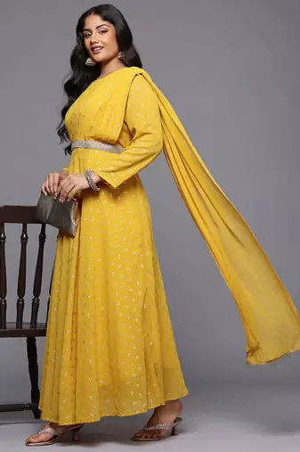Mustard printed georgette ethnic dresses