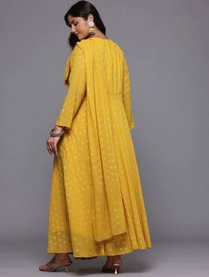 Mustard printed georgette ethnic dresses 5