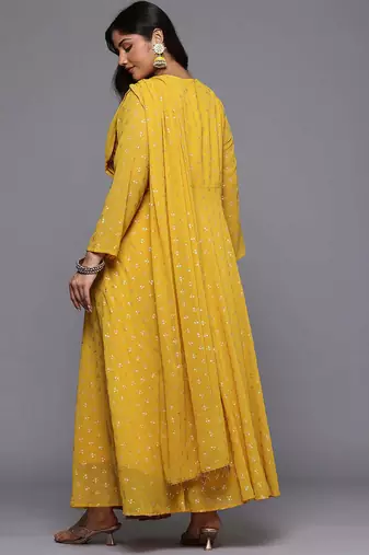 Mustard printed georgette ethnic dresses