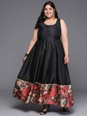 Black printed poly silk ethnic dresses 1