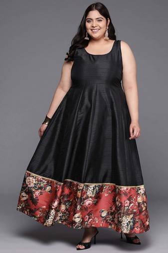 Black printed poly silk ethnic dresses