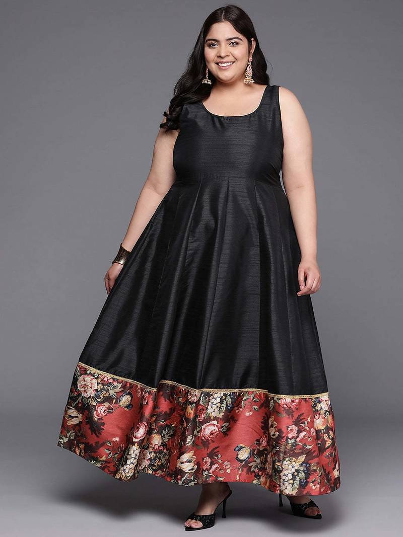 Black printed poly silk ethnic dresses