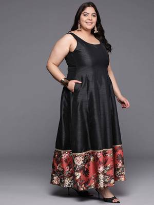Black printed poly silk ethnic dresses 3