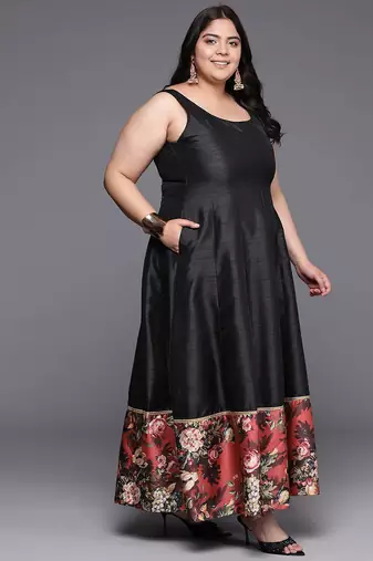 Black printed poly silk ethnic dresses