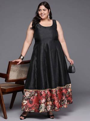 Black printed poly silk ethnic dresses 5
