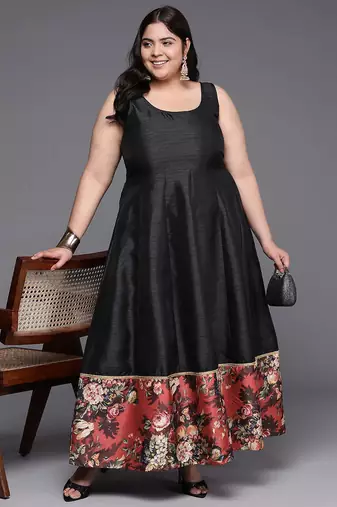 Black printed poly silk ethnic dresses