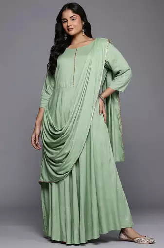 Green printed viscose rayon ethnic dresses