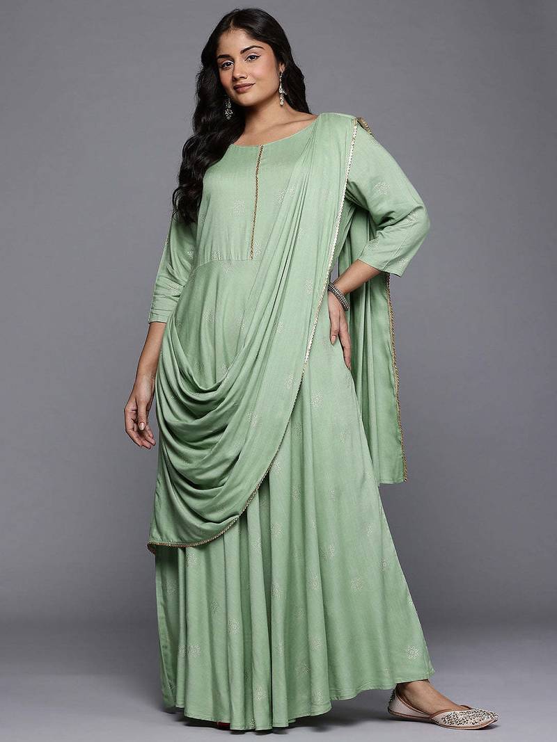 Green printed viscose rayon ethnic dresses