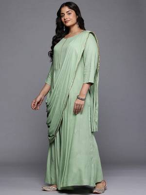 Green printed viscose rayon ethnic dresses 3