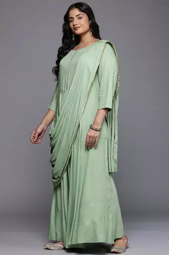Green printed viscose rayon ethnic dresses