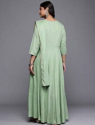 Green printed viscose rayon ethnic dresses 4