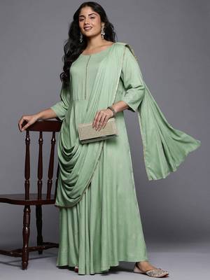 Green printed viscose rayon ethnic dresses 5